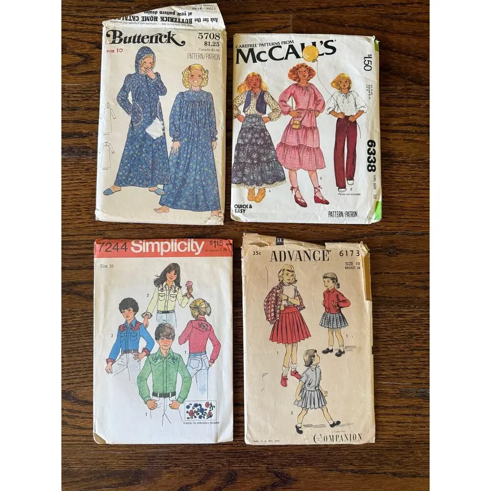 11-Piece Bundle Vintage Sewing Patterns Size 10 Girls 50s 70s 80s Y2k Dress PJs